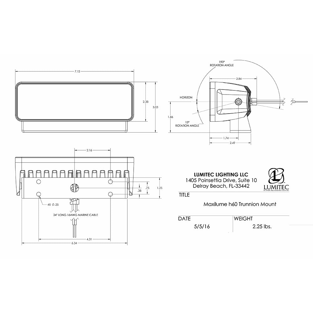 Lumitec Maxillume h60 - Trunnion Mount Flood Light - White Dimming - White Housing