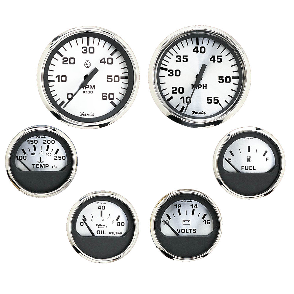 Faria Spun Silver Box Set of 6 Gauges f/ Inboard Engines - Speed, Tach, Voltmeter, Fuel Level, Water Temperature  Oil